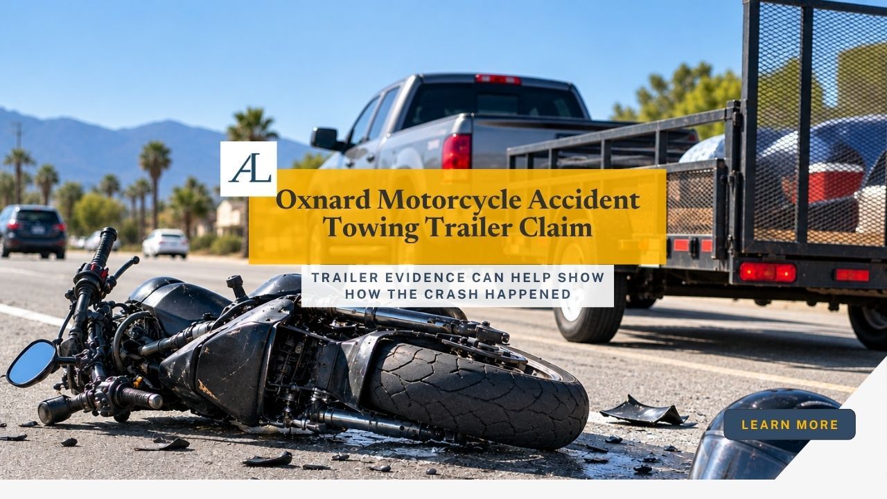 Oxnard motorcycle accident towing trailer claim involving a motorcycle, tow vehicle, trailer, and crash scene evidence.