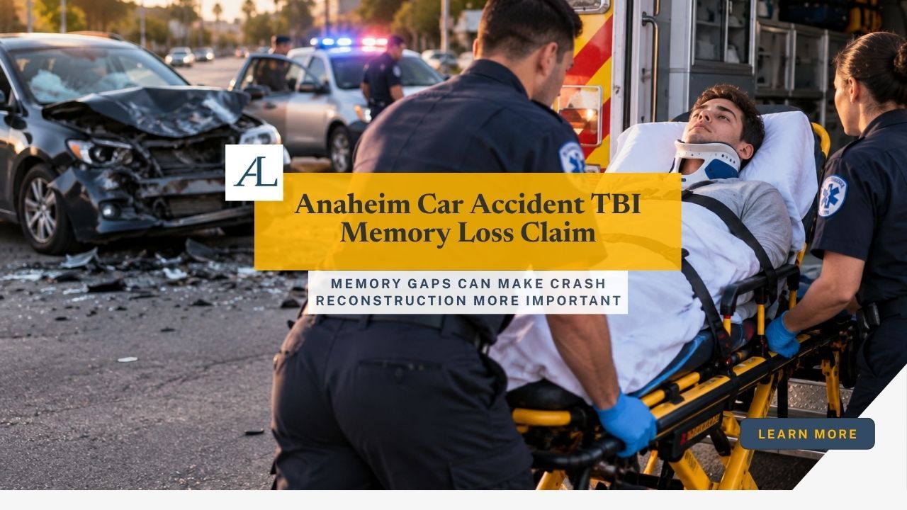 Anaheim car accident TBI memory loss claim involving emergency records, witness statements, vehicle data, and crash reconstruction evidence.