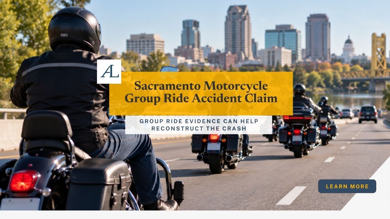 Sacramento motorcycle group ride accident claim 1 Sacramento motorcycle group ride accident claim involving riders, helmets, bikes, route data, and crash scene evidence.