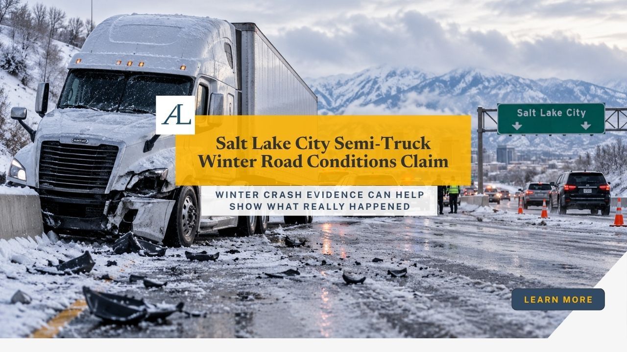 Salt Lake City semi truck accident winter road conditions claim 1 Salt Lake City semi truck accident winter road conditions claim involving a truck, snowy road, brake marks, and crash evidence.