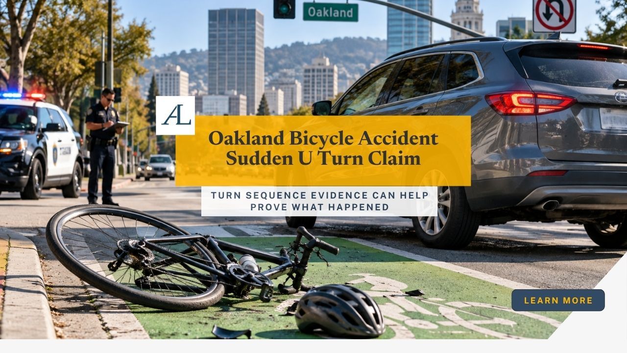 Oakland bicycle accident sudden U turn claim involving a cyclist, vehicle turn, bike lane, and crash scene evidence.