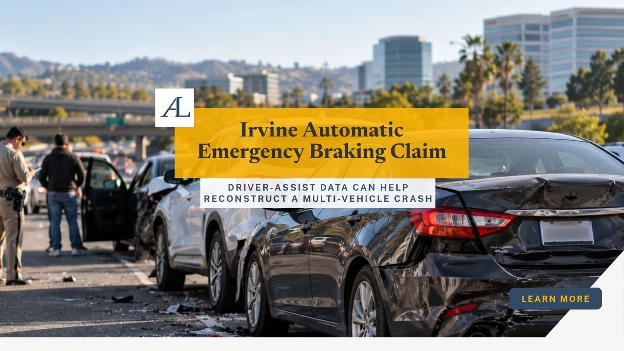 Irvine automatic emergency braking claim involving multiple vehicles, driver-assist alerts, electronic crash data, and accident evidence.