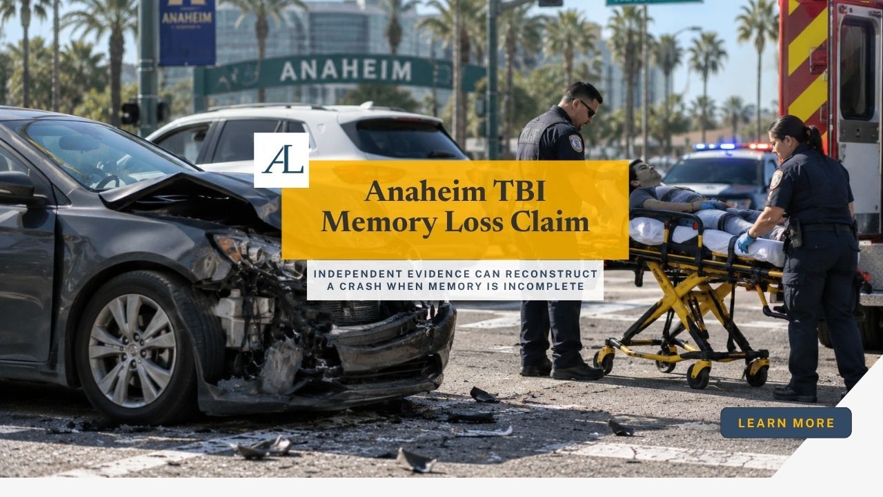 Anaheim TBI memory loss claim involving emergency records, witness statements, vehicle data, and crash reconstruction evidence.