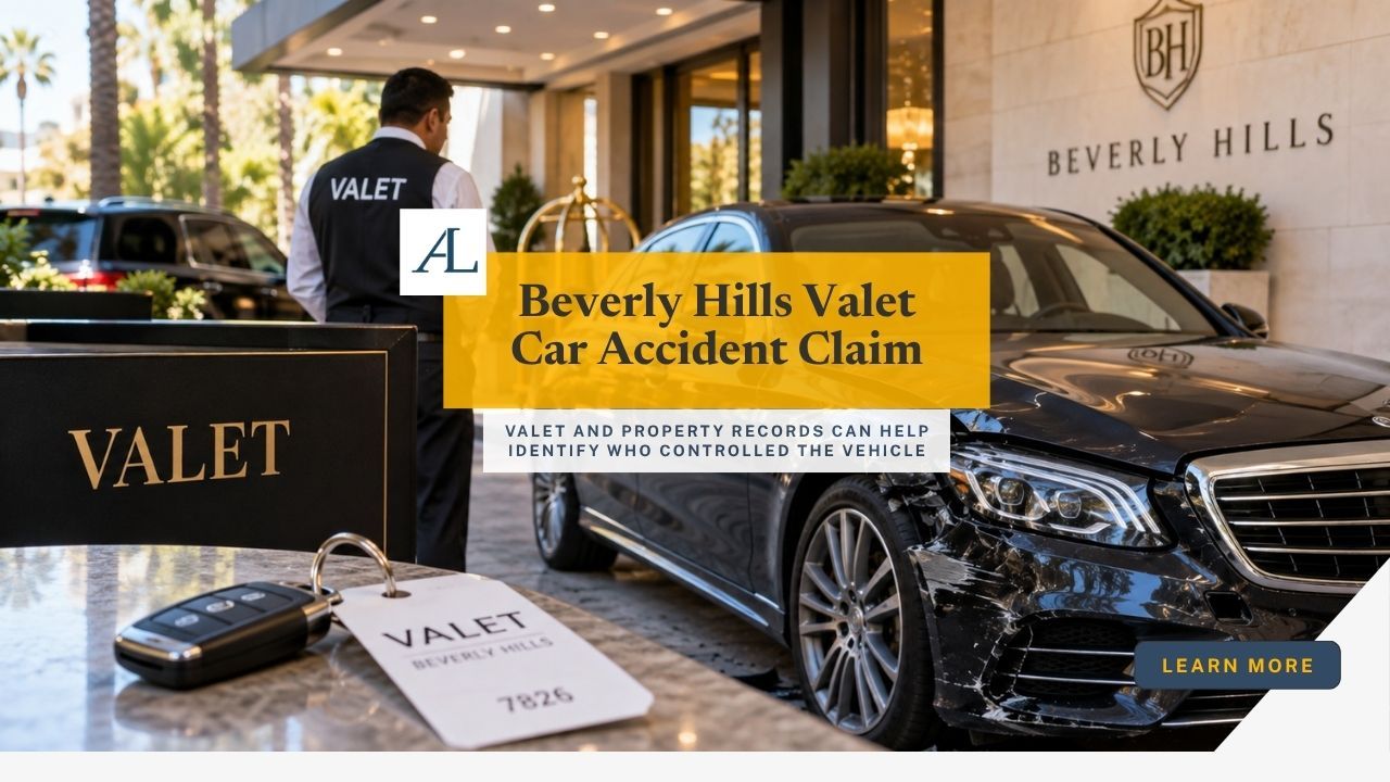 Beverly Hills valet car accident claim involving a damaged vehicle, valet ticket, key records, surveillance footage, and insurance documentation.