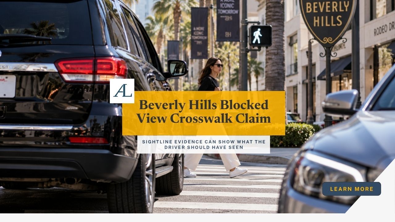 Beverly Hills blocked view crosswalk claim involving a pedestrian, two vehicles, an obstructed crosswalk, and crash scene evidence.