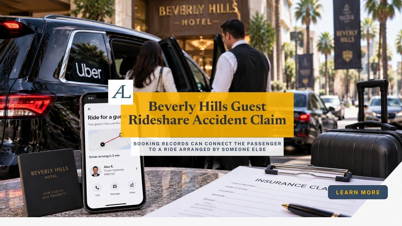 Beverly Hills guest rideshare accident claim involving a passenger, third-party booking records, trip texts, vehicle information, and insurance documentation.