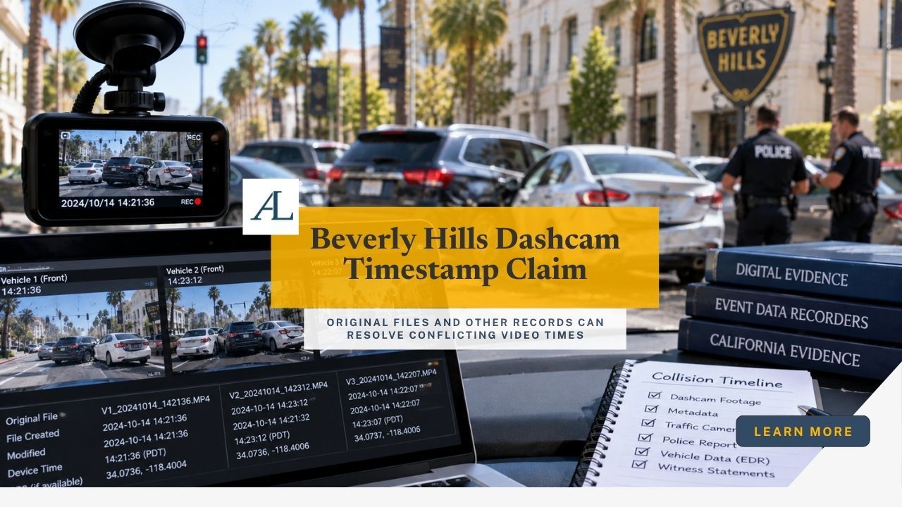 Beverly Hills dashcam timestamp claim involving multiple vehicles, original video files, metadata, event data, and collision timeline evidence.