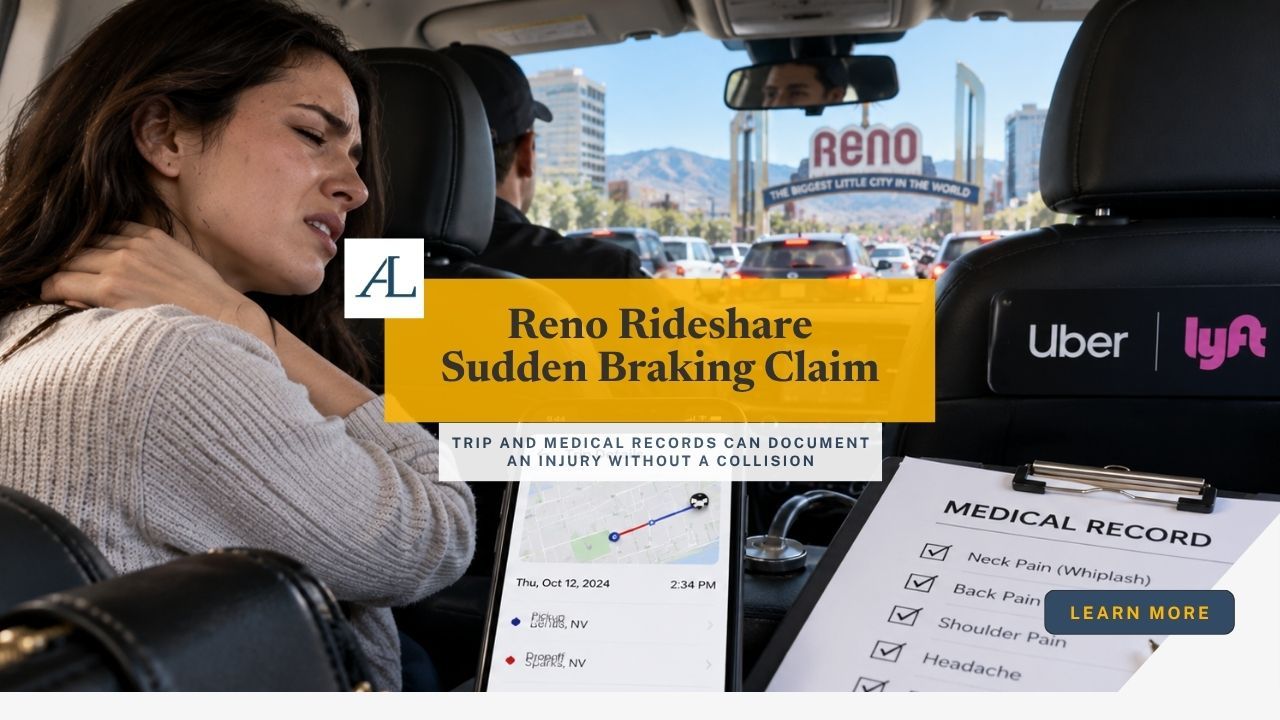Reno rideshare sudden braking claim involving an injured passenger, trip records, vehicle movement, and medical documentation without a collision.