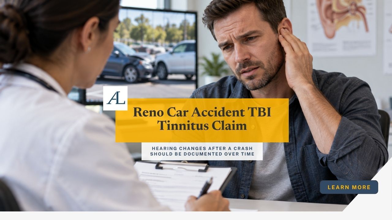 Reno car accident TBI tinnitus claim involving hearing changes, medical evaluation, and post-crash symptom documentation.
