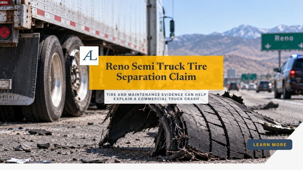 Reno semi truck tire separation claim involving detached tire tread, a commercial truck, roadway debris, and tire maintenance evidence.