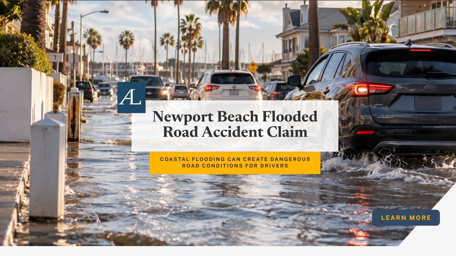 Newport Beach flooded road accident claim showing standing water on a Balboa Peninsula street with passenger vehicles navigating coastal flooding.